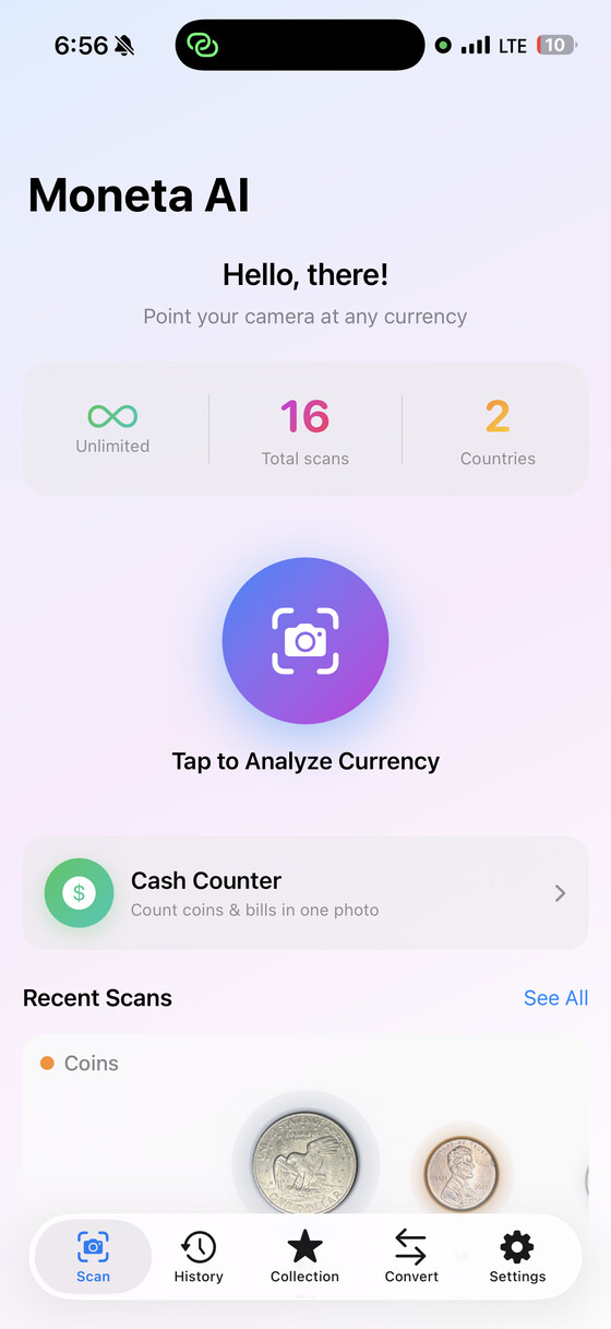 Moneta AI app home screen — point your camera at any coin or banknote to scan it